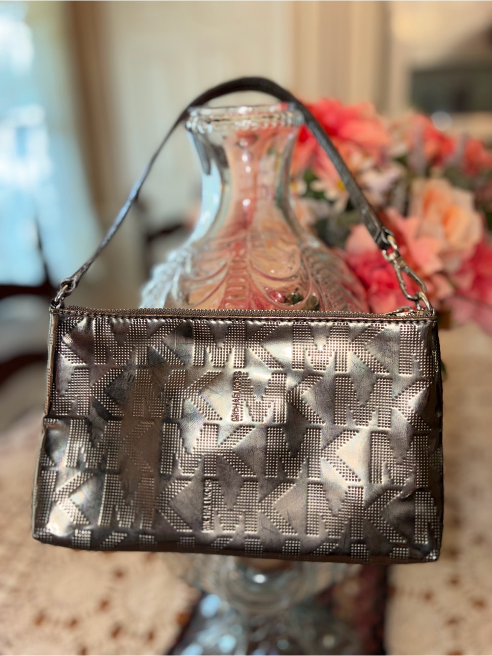 Michael Kors Jet Set Metallic Pewter MK Logo Mini Wristlet - Picture 12 of 14